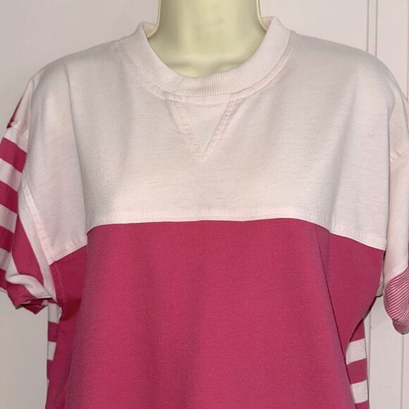 Vtg 80s Greenline Sport Bright Pink & White Striped Crew Neck Short Sleeve Shirt - Picture 2 of 8